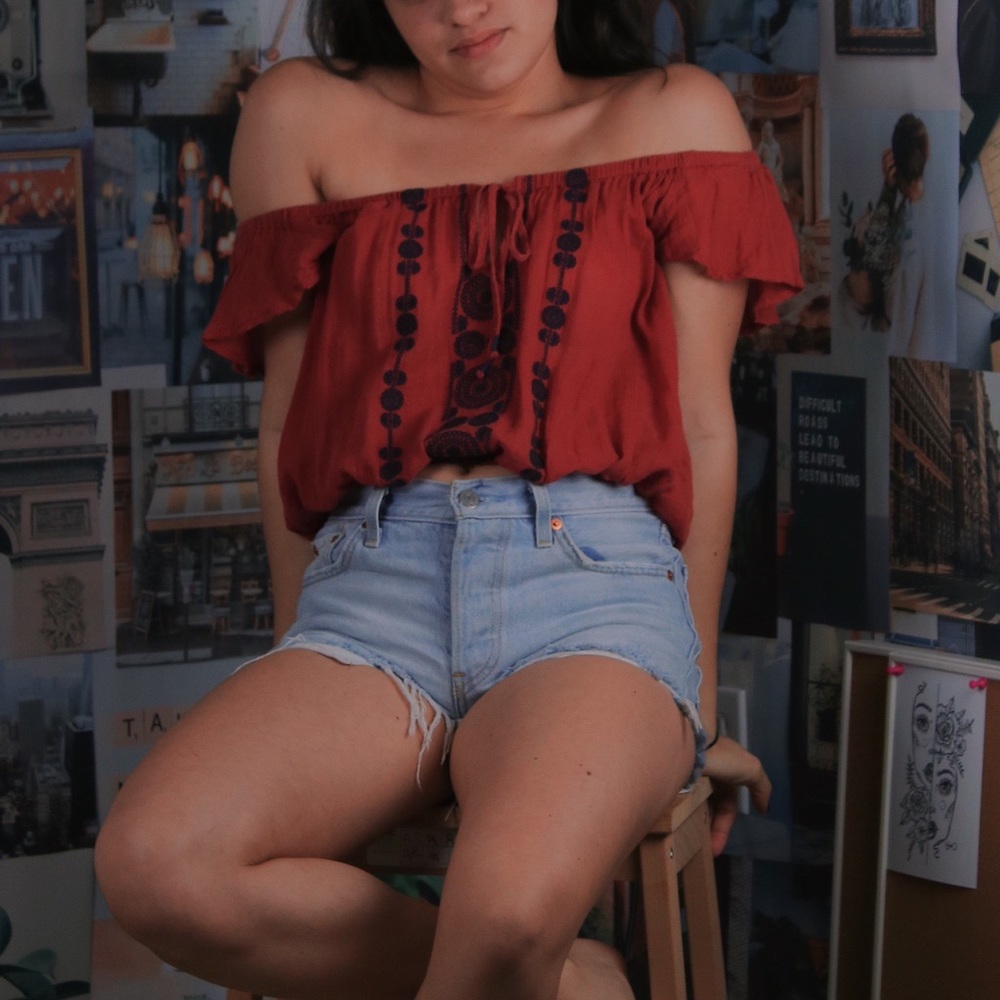 pink & blue off the shoulder peasant crop top